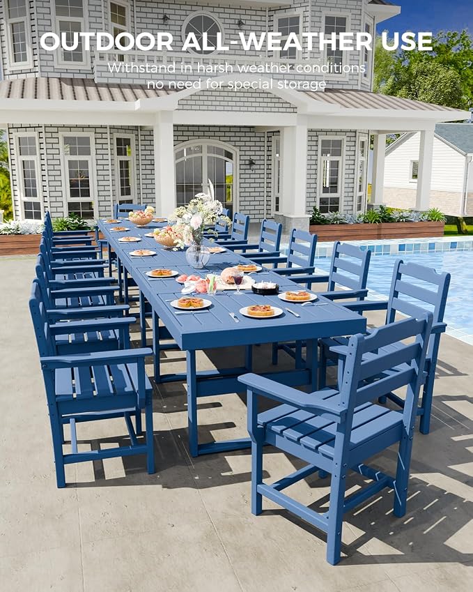 K Knowbody 17-Piece Outdoor Patio Dining Table and Chairs Set, Seats 14 | Steel-Reinforced HDPE, 100 lb/sq ft Load Capacity, 2-Inch Umbrella-Ready Tables, All-Weather, Fade-Resistant, Navy Blue