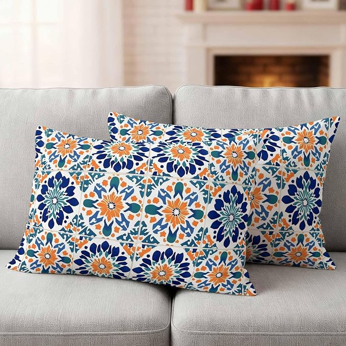 Retro Abstract Geometric Outdoor Pillow Covers Set of 2 Orange Blue Floral Texture Waterproof Throw Pillow Cover Decorative Cushion Cases for Patio Porch Garden 20X12 Inch