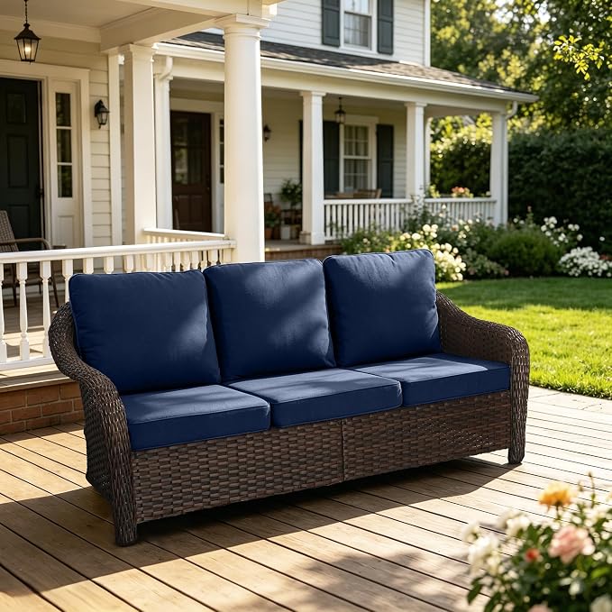 77 inch Outdoor Wicker 3 Seater Sofa, All-Weather Use Patio Rattan Sofa with Seat and Back Cushion, Ideal for Porch, Backyard, Balcony, Poolside, Blue