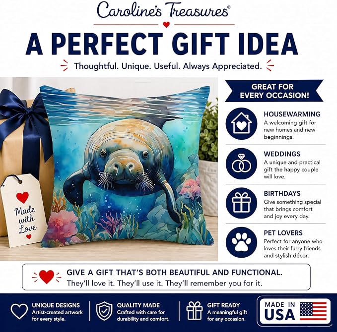 Caroline's Treasures Manatee Throw Pillow Machine Washable, Indoor Outdoor Decorative Pillow for Couch, Bed or Patio, 14Hx14W
