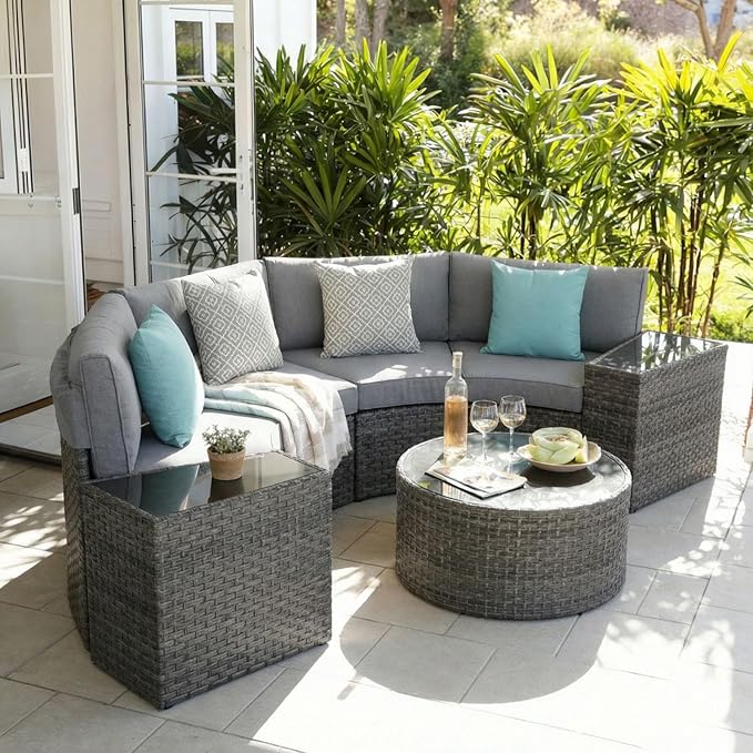 SUNSITT Outdoor 7-Piece Half-Moon Sectional Furniture Set with Round Coffee Table, Patio Curved Sofa Set, Grey Cushion and Grey Wicker, Incl. Waterproof Cover