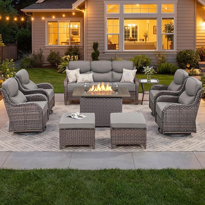 Luxury Patio Furniture Set with 6-inch Thick Cushion, Outdoor Furniture with Fire Pit Table, Swivel Chairs, Sofa, Side Table, Ottomans, 9pcs Wicker Conversation Set(Brown Wicker | Grey Cushion)