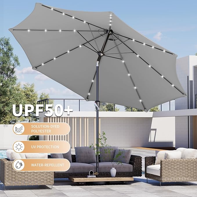Kingdura 10FT Outdoor Patio Umbrella with Solar Lights, Market Table Umbrella with Push Button Tilt & Crank, 8 Sturdy Ribs, 32 LED Lights, UV Protection for Garden Lawn Deck Backyard Pool (Light grey)