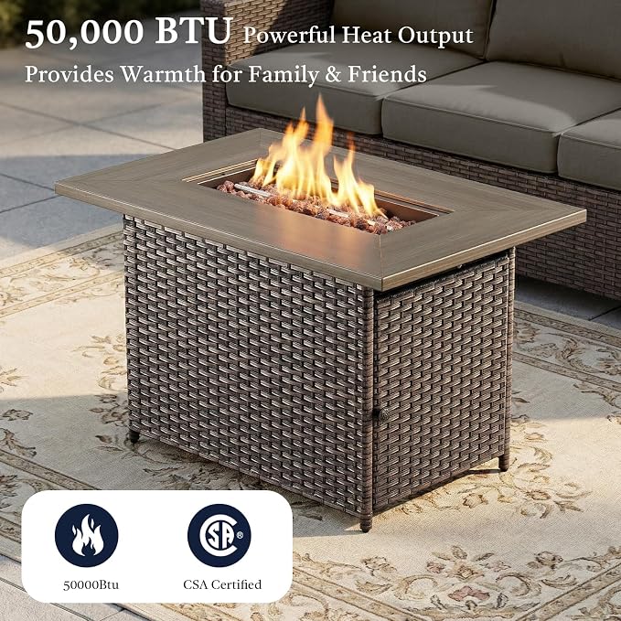 8 Piece Patio Furniture Set with 41" Fire Pit Table - Patio Conversation Set with 4 Inch Thick Cushions and Deep Seating Swivel Glider Chairs Set of 4 & Outdoor Couch for Porch Deck Yard Pool