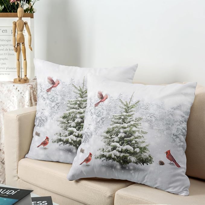 Winter Pillow Covers 16x16 Set of 2 Snowy Pine Trees Decorative Pillow Covers Natural Forest Cardinal Birds Pillow Case for Living Room Patio Couch