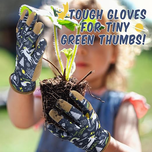 HANDLANDY 2 Pairs Kids Leather Gardening Gloves, Kid Work Gloves, Blue, S | Durable Soft Breathable Yard Work Cycling Outdoor Playing Glove for Age 2-9, for Children, Boys, Girls, Toddlers, Great Gift