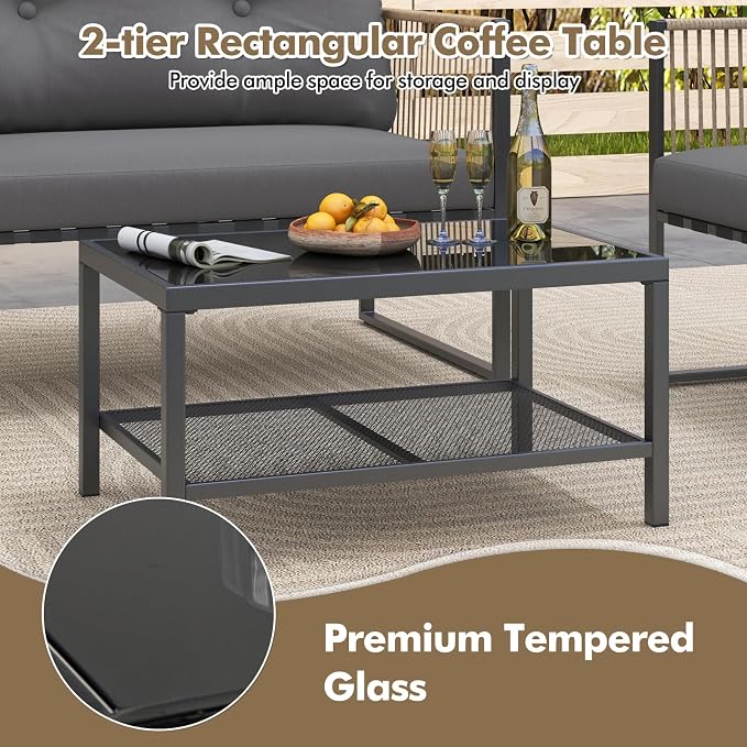 Tangkula 8 Pieces Patio Furniture Set, Outdoor PE Rattan Conversation Sofa Set with Thick Cushions and 2-Tier Tempered Glass Coffee Table for Garden, Porch, Balcony and Backyard