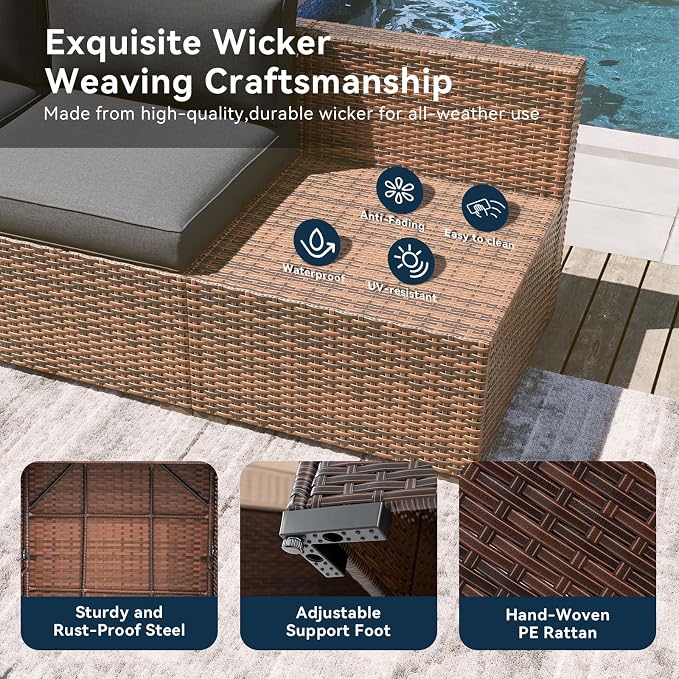 LazySunsets 15 Piece Outdoor Patio Furniture Set with 44'' Fire Pit Table, Outdoor Patio Furniture Set with 4'' Thicken Cushion, Wicker Rattan Outdoor Conversation Set for Backyard & Garden, Grey