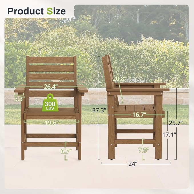 Outdoor Dining Chairs Set of 2, All Weather HDPS Patio Dining Chairs, Heavy Duty Outdoor Chair with Armrest for Backyard Deck Porch, Brown