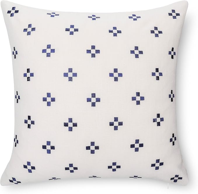 California Casual Coastal Indoor Outdoor Throw Pillow Cover, 20"x20" Water Repellent for Patio, Backyard, Couch, Poolside, Neutral Navy Embroidered Small Squares
