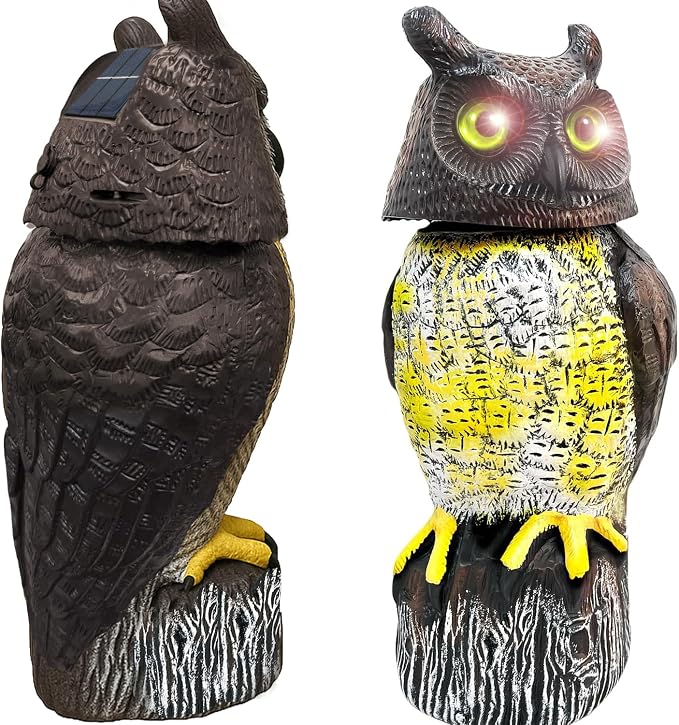 GIFTEXPRESS 1Pcs Solar Power Owl Decoy – 17" Motion Sensor Pest Repellent with Rotating Head, LED Eyes & Sound – Fake Horned Owl for Garden, Yard, Balcony, Farm, Patio, Roof, Lawn- Life Size