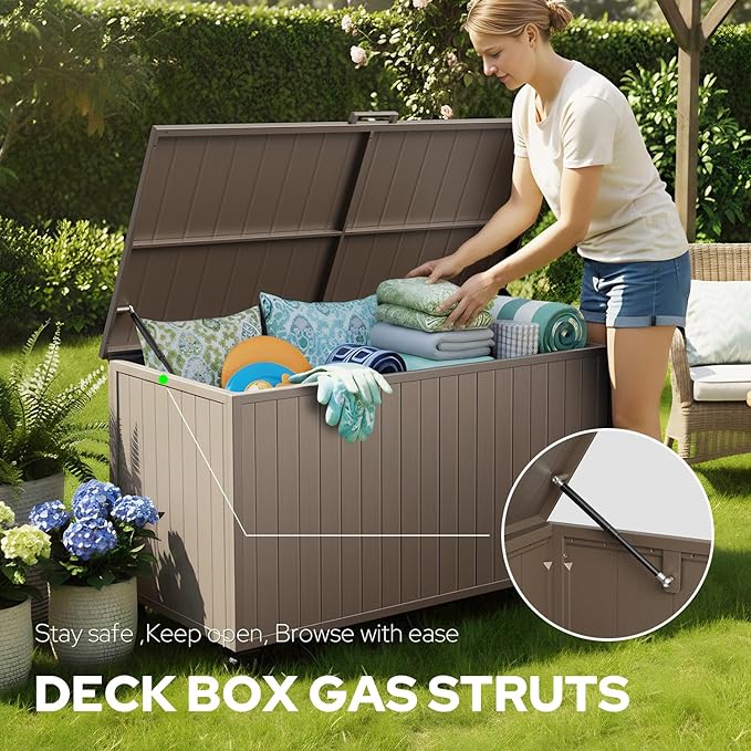 Outdoor Storage Box with Wheels 150 Gallon, Mobile Aluminum Deck Boxes Outdoor Waterproof, UV Resistant Patio Storage Box with Lid for Patio Furniture, Garden Tools, Outdoor Cushion (Brown)