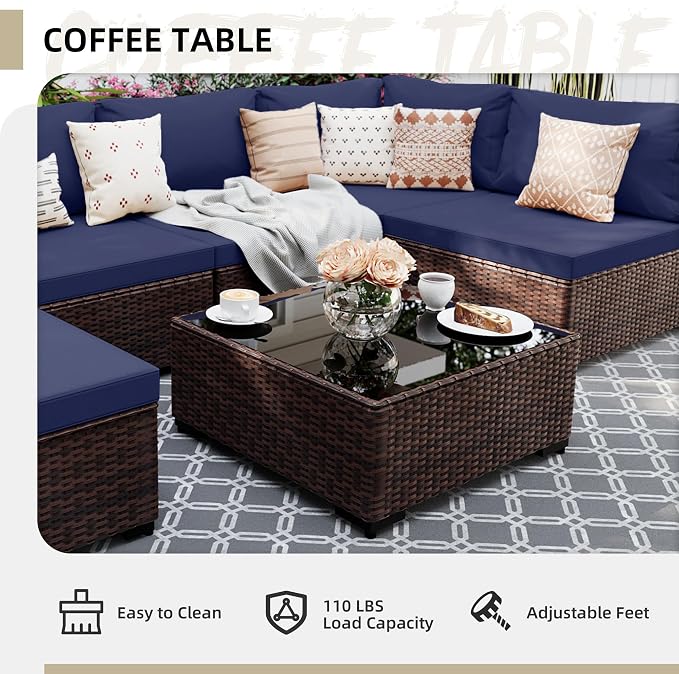 UPHA 7 Pieces Patio Furniture Sets, Wicker Outdoor Sectional Sofa Couch with Coffee Table, Patio Conversation Set for Deck Backyard Garden, Brown Rattan, Navy Blue Cushion