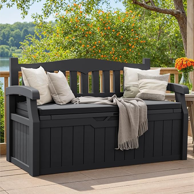 Greesum 80 Gallon Outdoor Storage Bench Deck Box with Cushion & Armrest, Lockable, Waterproof UV Resistant, Comfortable Seating for Patio, Pool, Garden, Black