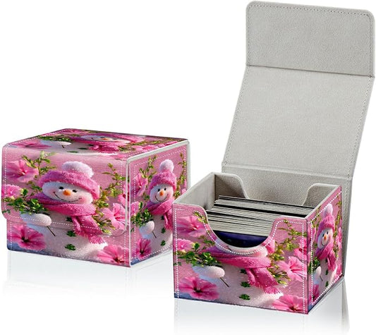 Card Deck Box for MTG, Cards Storage Box Fits 120+ Sleeved, Leather Small Size Strong Magnetic Closing Card Case for Board Games Magic TCG CCG Baseball Collection, Pink Flower Snowman
