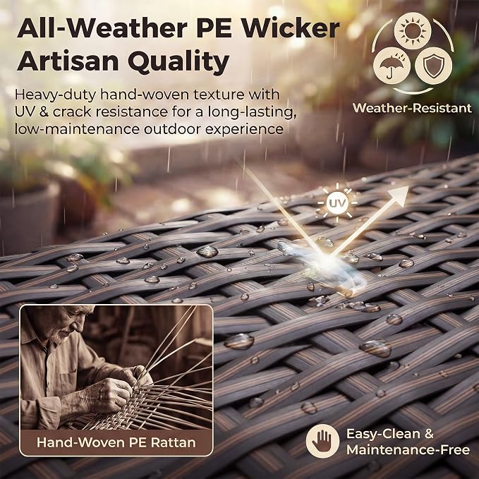 NICESOUL Extra Large Size Patio Furniture Set with Firepit Natural Gas/Propane, 6 Seater Modern Luxury Outdoor Sofa Set, 29.3'' High Backrest Backyard Sitting, Brown Rattan and Dark Grey Cushion