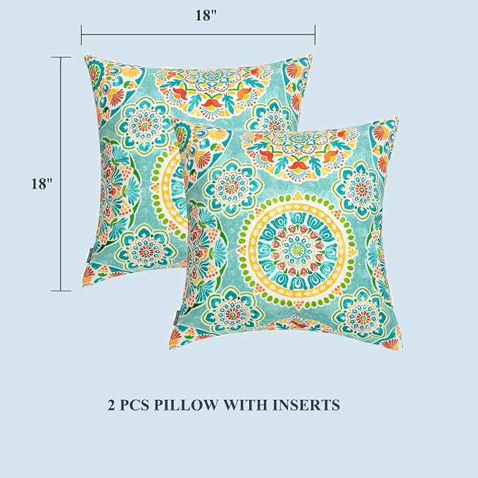 FUNHOME Outdoor Throw Pillows with Insert 18x18 Inch Pack of 2-Cyan Circle | Decorative Throw Pillows with Inserts, Water-Repellent, Square Pillows for Bed, Couch, Sofa and Patio Furniture