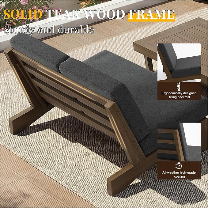 All Weather Wood Patio Furniture Sets, 3 Pieces Patio Loveseat Sofa Outdoor Sectional Futniture Backyard Conversation Set with Solid Wooden Coffee Table - Dark Gray