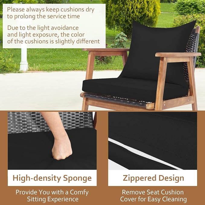 Tangkula 4-Piece Patio Furniture Set, Outdoor Acacia Wood Conversation Set with Cushions and Coffee Table, Turquoise & Black Cushion Cover Sets, Outdoor PE Wicker Sectional Sofa Set for Backyard