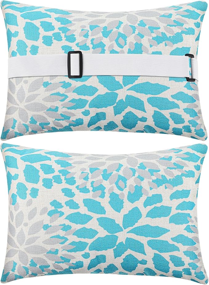 Juexica 2 Pack Chaise Lounge Pillow with Strap Outdoor Waterproof Beach Chair Neck Headrest Pillow Adjustable Elastic Band for Hammock Lumbar Recliner Pillows for Patio Pool Chair(Advanced Style)