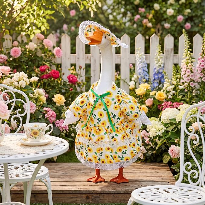 Spring Porch Goose Outfit Sunflower Porch Goose Clothes for 23 Inch Lawn Cement or Plastic Geese Statue Geese Skirt Costume with Hat Dress for Spring Outdoor Patio Garden Holiday Decoration