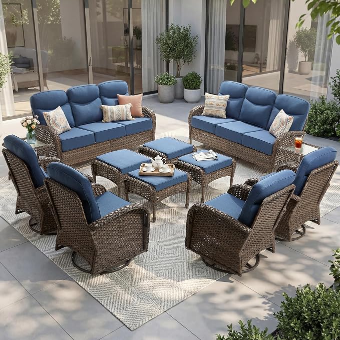 Outdoor Swivel Rocking Chair Patio Set (12pcs) High-Back - Thick Cushion Swivel Rocking Chair Patio with Sofa Set, All-Weather Wicker Patio Furniture Set, Suitable for Balcony Patios, Brown/Blue