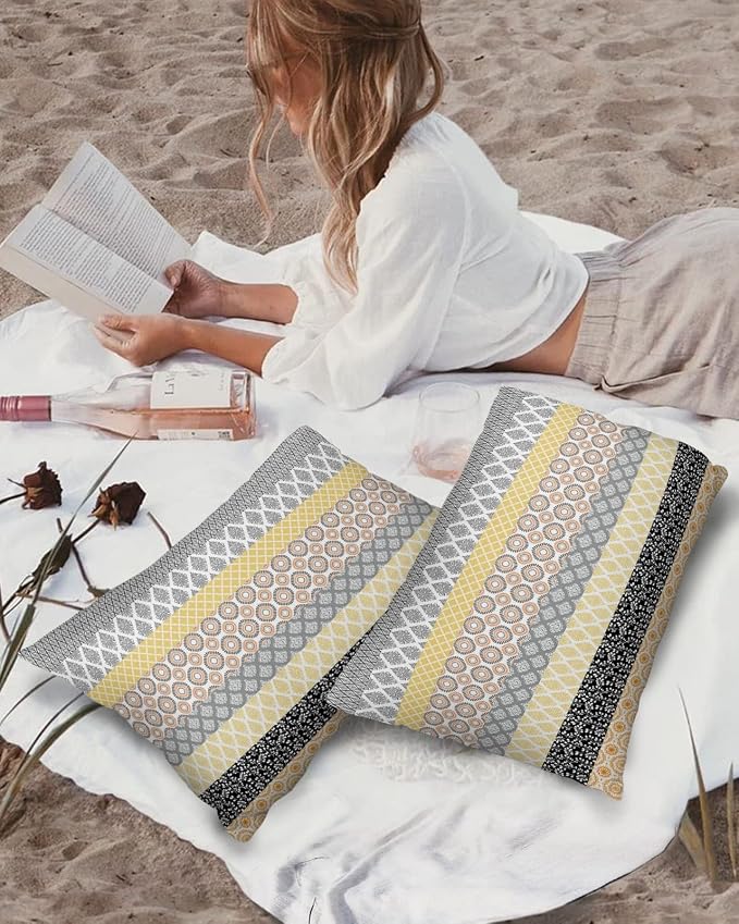 Outdoor Waterproof Throw Pillow Covers Set of 2 Yellow Boho Stripe Tribal Vingtage Lumbar Pillowcases 20x12 Inches Bohemian Style Decorative Pillows Cushion Case Patio Pillows for Couch Bed Garden