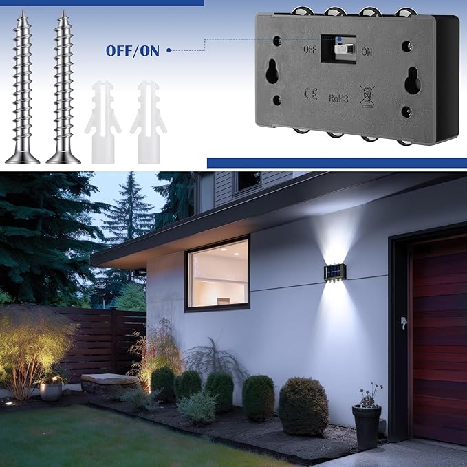 Rossesay 8 Pack Solar Wall Lights for Outside 6000K Cold Solar Fence Lights Up and Down LED Autumn Outdoor Decorative Waterproof Lamps Dusk to Dawn LED Lighting Wall Sconces for Outside Deck Garage