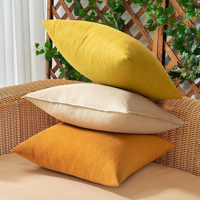 Outdoor Waterproof Throw Pillow Covers Light Orange 16x16 Set of 2 | Decorative Farmhouse Linen Pillowcases Solid Cushion Cases for Patio Tent Balcony Couch Sofa Living Room