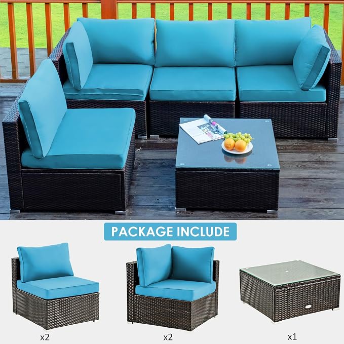 COSTWAY 5-Piece Outdoor Patio Furniture Set, PE Rattan Sofa Chairs with Cushions and Tempered Glass Coffee Table, Conversation Sofa Set for Backyard Garden (Turquoise)