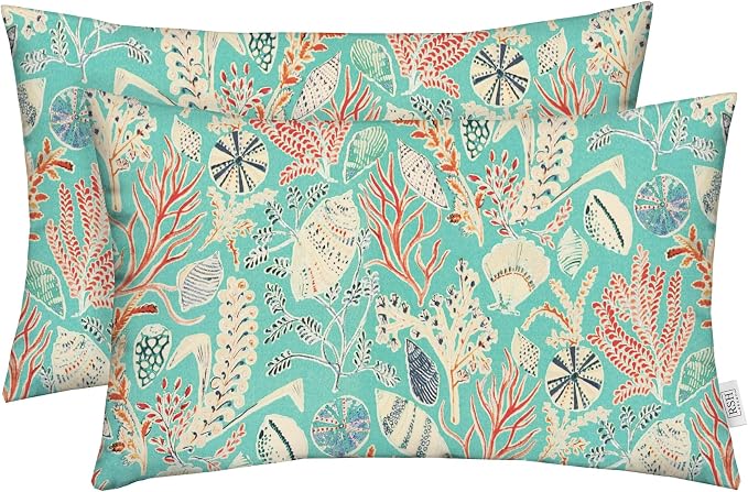 RSH DECOR Set of 2 in Outdoor Lumbar/Rectanglar Decorative Throw Pillows ~ Blue, Peach, White, Cream, Orange, Coral, & Red ~ Ocean Life ~ Coastal ~ Coral Reef