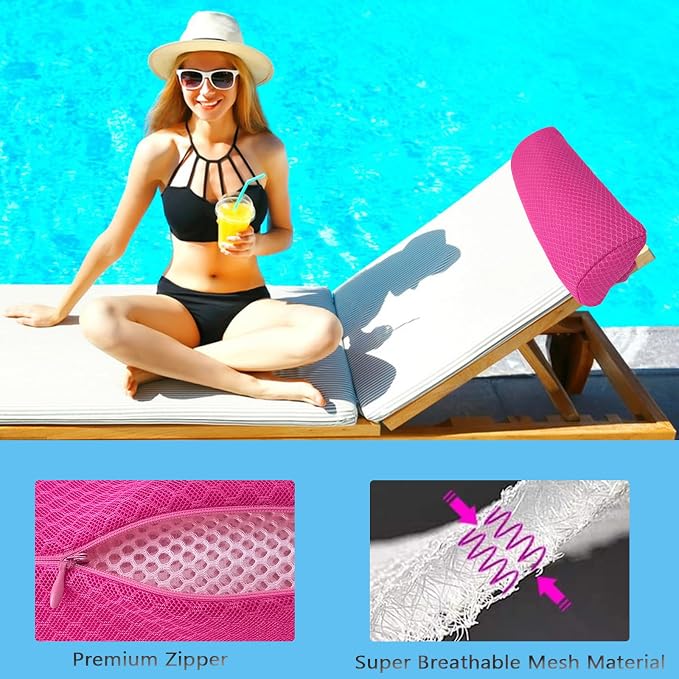 1 Pack Headrest Pillow for Patio Chaise Lounge,Recliner,Beach Chair,Pink | Resilient 3D mesh pillow with removable washable cover, adjustable elastic strap, ergonomic support, lightweight portable