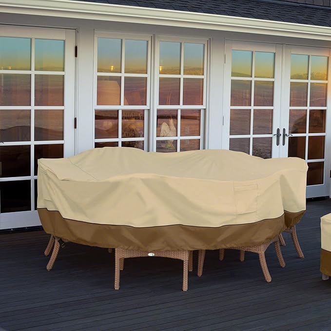 Classic Accessories Veranda Water-Resistant 94 Inch Round Patio Table & Chair Set Cover with Umbrella Hole, Outdoor Table Cover