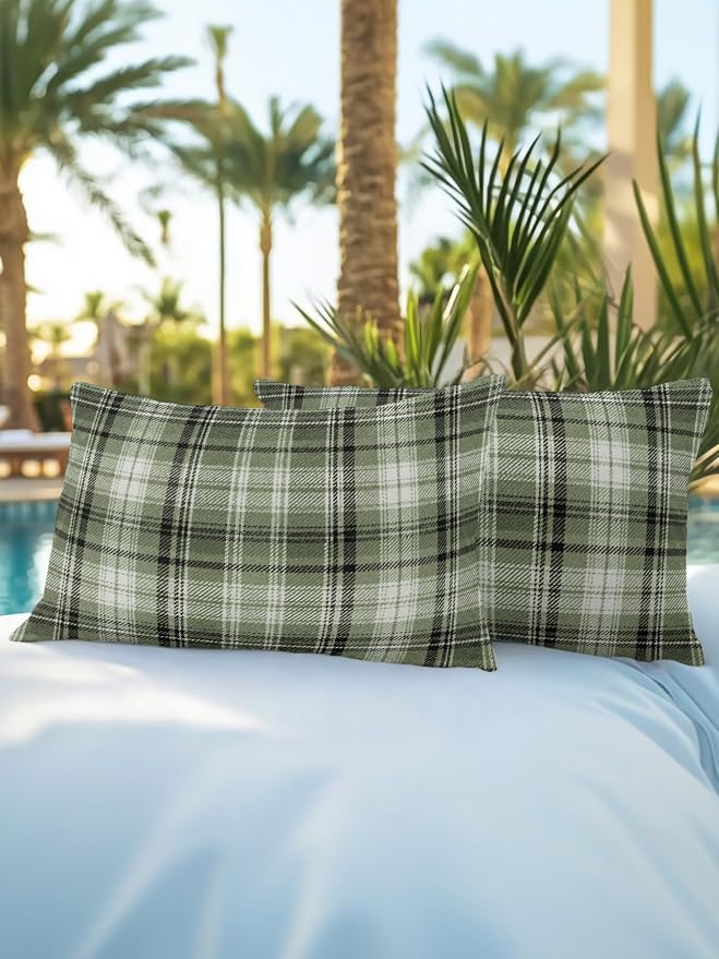 Waterproof Outdoor Pillow Set of 2 Green Checked Plaid Decorative Throw Pillows Cover & Insert 20x12 Inch Lumbar Pillowcase Stripes Woven Grid Pillows for Couch Sofa Bed Patio Furniture Indoor Outdoor