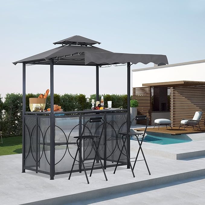 ABCCANOPY Grill Gazebo with Extra Awning - 6.4'x6.8' Outdoor BBQ Canopy with Bar Table and 2 Foldable Chairs, Barbecue with LED Lights for Backyard, Lawn and Patio (Dark Gray)