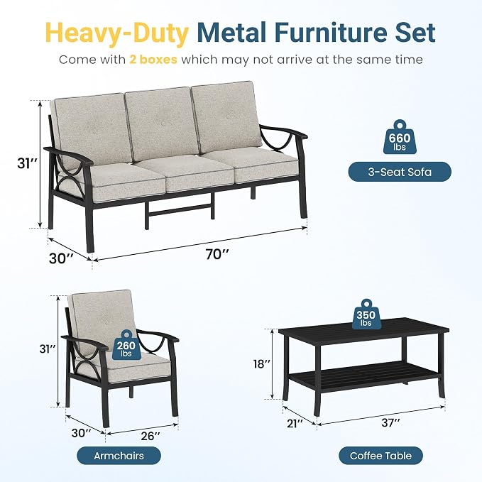 Outdoor Patio Furniture Set, 5 Seats Outdoor Patio Set with 4" Thick Cushion, All-Weather Metal Patio Sofa with Coffee Table, Outdoor Sectional Furniture for Porch Backyard Deck Yard, Black&Beige
