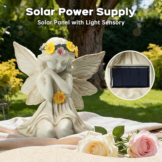 Solar Angel Garden Statue Outdoor Decor for Mother's Day, Fairy Figurine with Garland Flower Light, Cemetery Decoration for Grave, Yard, Patio, House Warming Birthday Gifts for Women, Mom