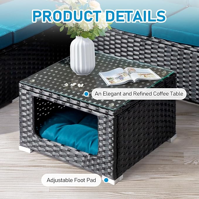 Outvita 4 Piece Outdoor Patio Furniture Set, PE Rattan Conversation Sofa Set, Wicker All-Weather Outside Furniture w/Glass Top Coffee Table with Pet Ped & Hidden Storage for Garden, Balcony (Black)