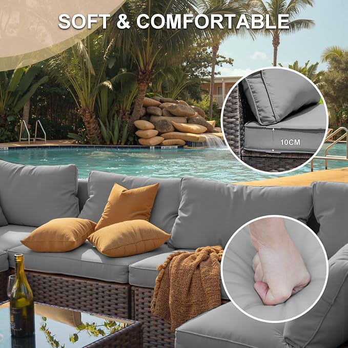 7 Piece Outdoor Patio Furniture Set with 42" Fire Pit, Wicker Furniture Sectional Conversation Sofa Set with Comfortable Cushions, Grey