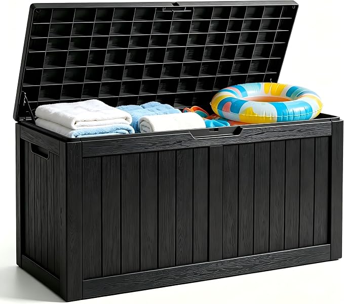 182 Gallon Outdoor Deck Storage Box, Large Waterproof Resin Patio Storage Box, Lockable Bench Seat Holds 2 Adults, for Garden Tools, Cushions & Pool Floats, UV & Rust Resistant, Black