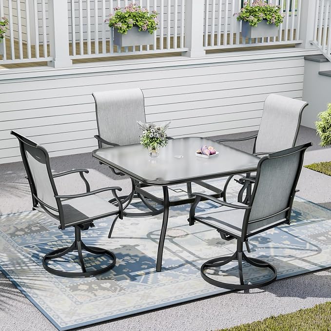 Outdoor Patio Set, 37" Square Glass Dining Table and 4pcs Swivel Chairs, All-Weather Patio Furniture Set with 1.7" Umbrella Hole for Garden Backyard Lawn Poolside