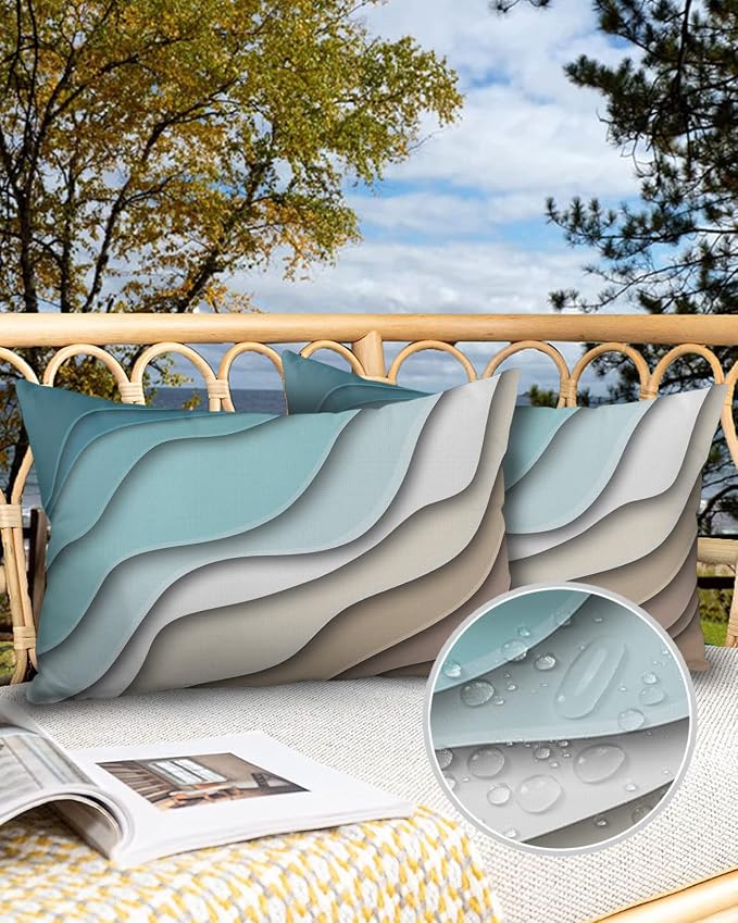 Ombre Abstract Geometry Gradient Teal to Brown Outdoor Waterproof Throw Pillow Covers 20 x 12 Inch Set of 2, Pillowcases Decorative Square Cushion Cases for Patio Furniture Couch Porch Garden