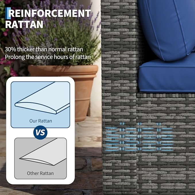 7-Piece All-Weather Outdoor Sectional Sofa Set, Waterproof Wicker Patio Furniture with Removable Cushions, Modern Conversation Set for Poolside, Garden, and Backyard, Grey Rattan with Blue Cushion
