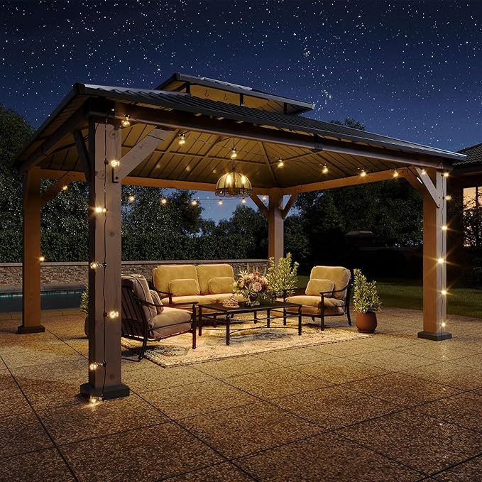 Aoxun 12' x 14' Outdoor Wood Gazebo, Hardtop Gazebo Permanent Wooden Pavilion with Galvanized Steel Double Roof, for Patio, Garden, Deckyard, Cedar Wood, Grey