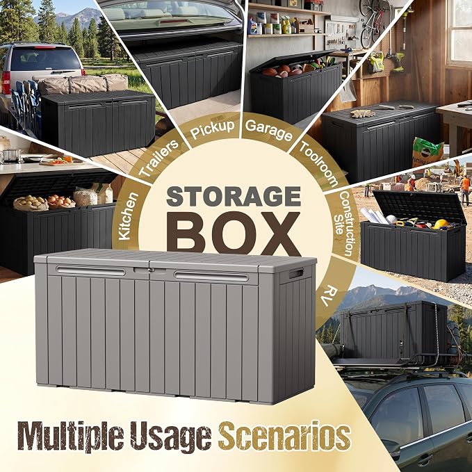 110 Gallon Deck Box Outdoor Indoor Waterproof Storage Box for Patio Furniture, Pool Accessories, Garden Tools, and Cushion Storage, Coffee