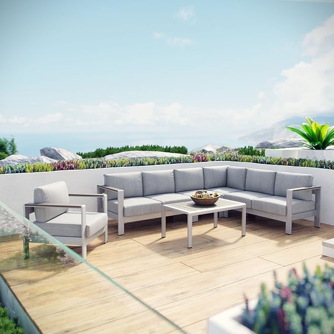 Modway Shore 6-Piece Aluminum Outdoor Patio Sectional Sofa Set in Silver Gray