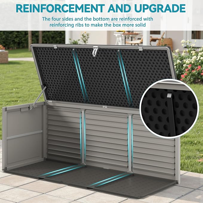 HUGROVE Resin Deck Box, 130 Gallon Outdoor Storage Box with Lockable Lid, Waterproof Patio Storage for Garden Tools & Outdoor Accessories (Light Gray)