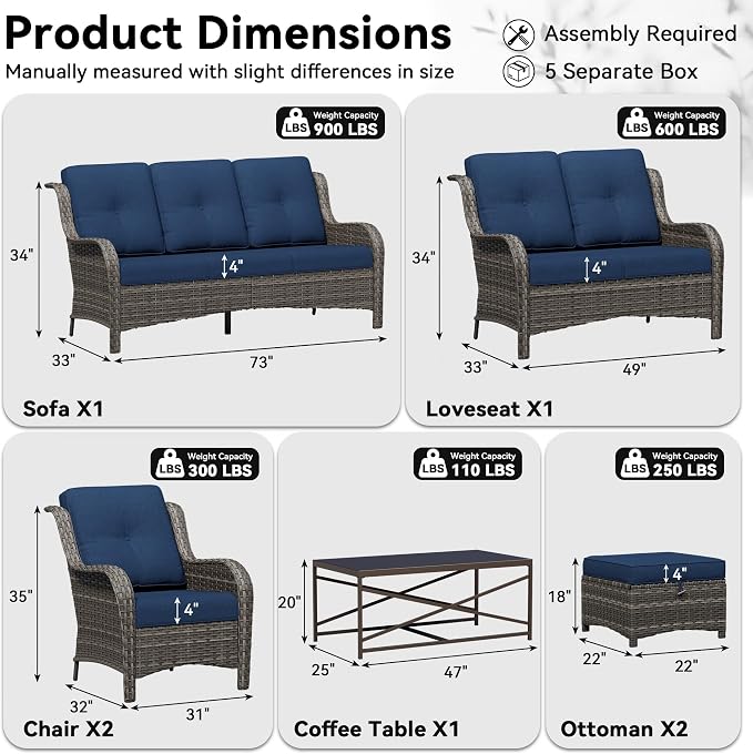 7 Piece Outdoor Wicker Patio Furniture Set, Patio Chairs Set with Thickened Olefin Cushions, High Back and Deep Seating, Hand-Woven PE Rattan, Ottoman for Porch, Deck
