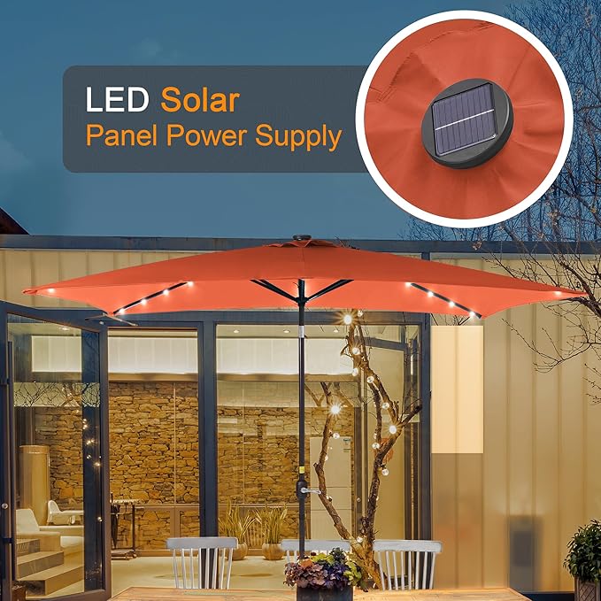 Rectangle Patio Umbrella with Solar Lights, 10 x 6.5ft Rectangular Outdoor Umbrella Table Market Patio Umbrella with Push Button Tilt and Crank for Garden, Deck, Backyard, Pool