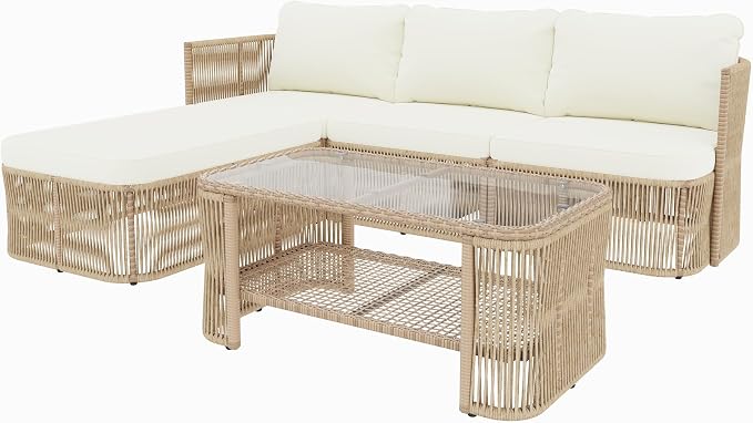 5-Piece PE Rattan Outdoor Furniture Set with Beige Cushions - Iron Frame - 66" Table & 4 Seats - 400 lbs Capacity - Patio